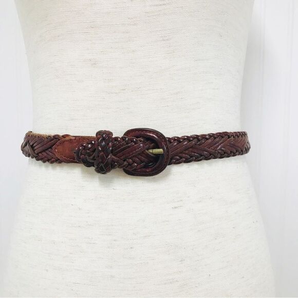 VINTAGE Y2K Brown Braided Genuine Leather Belt Woven Whiskey Cognac Size XS XXS - Picture 3 of 10
